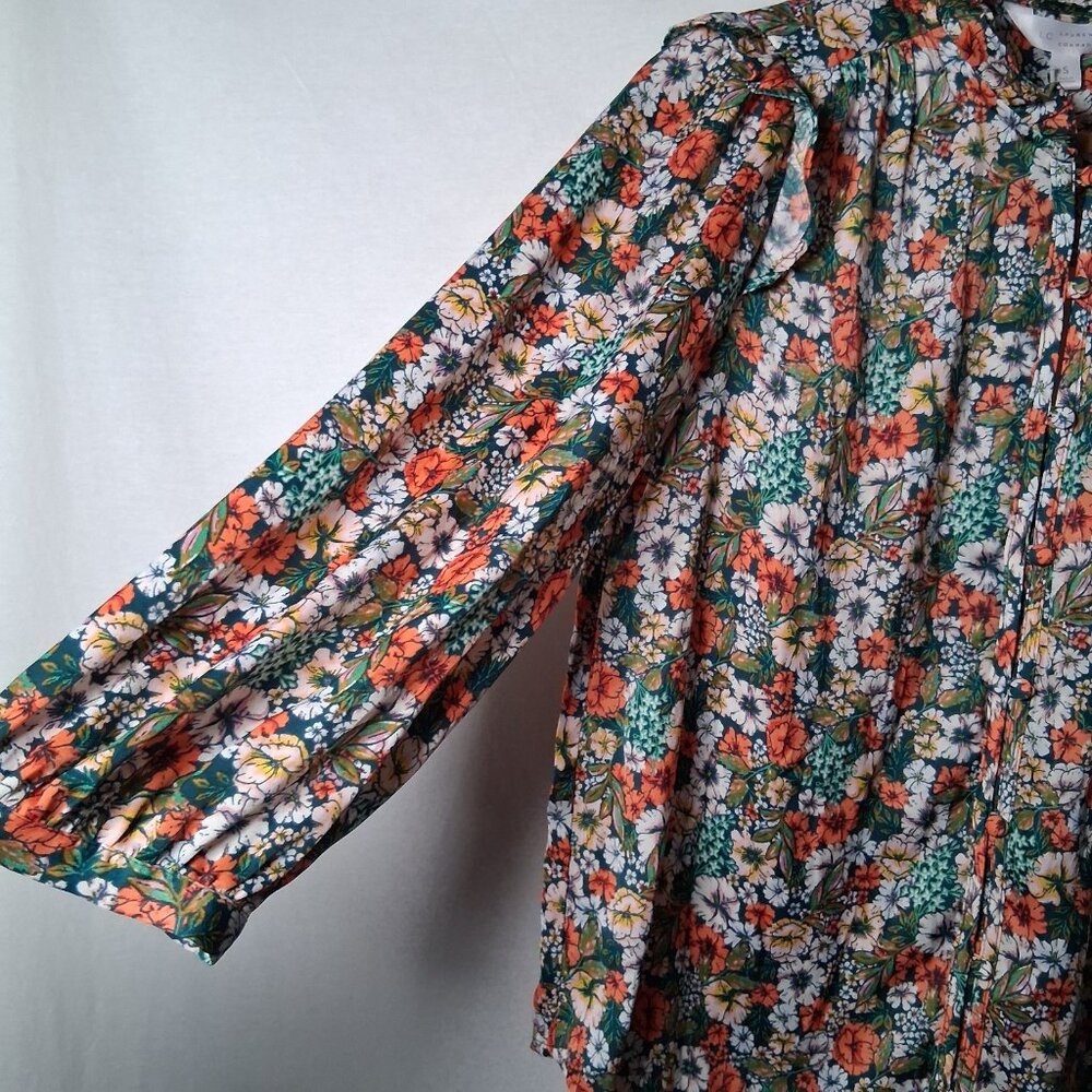 Lauren Conrad Blouse Small Green Peach Floral Button Front Ruffle Country Flower - Picture 13 of 16